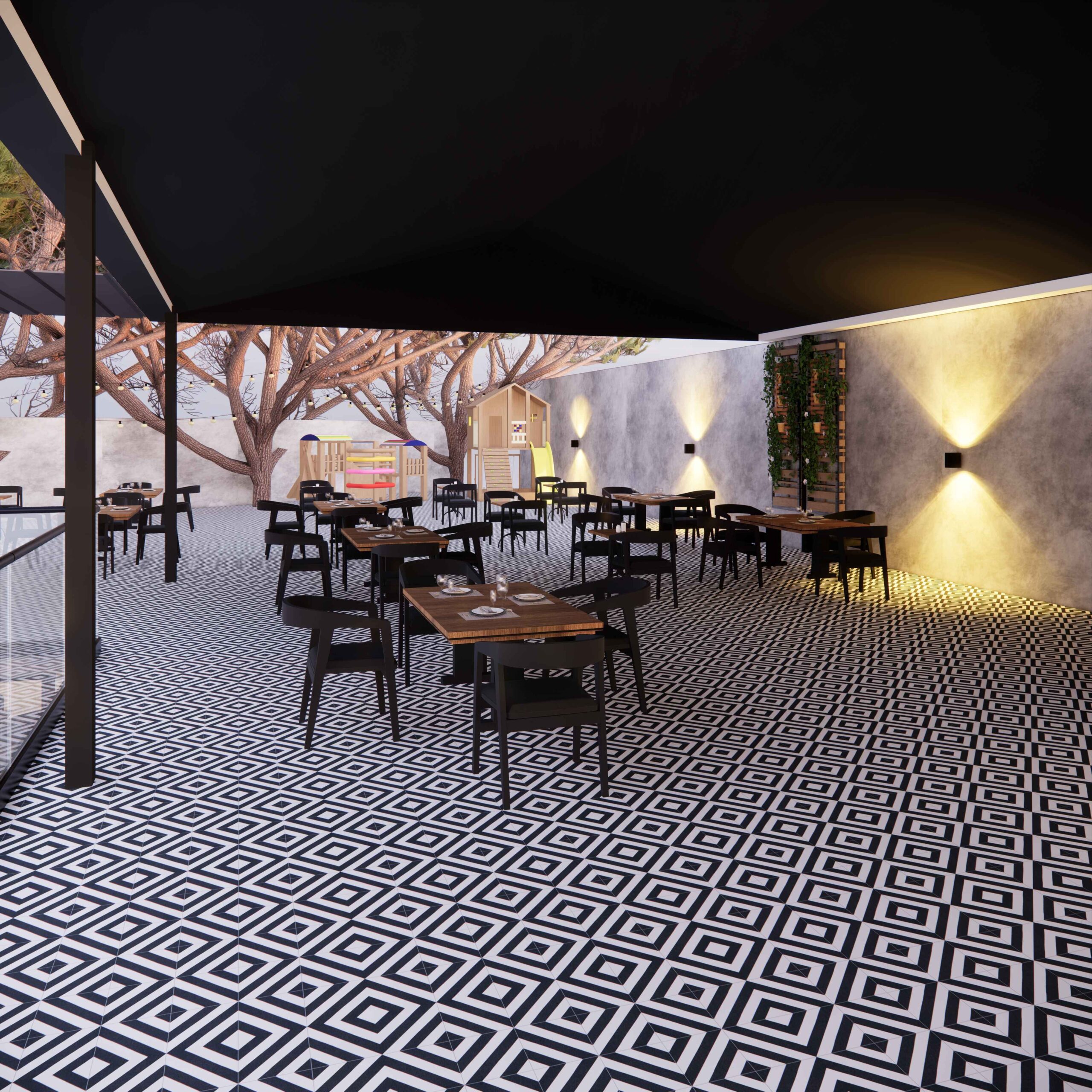 Contemporary restaurant with designer lighting and wooden furniture
