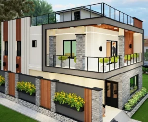 3D design concept of a duplex home in Ranchi with stone-clad columns, wood panels, wide balcony and rooftop glass railing