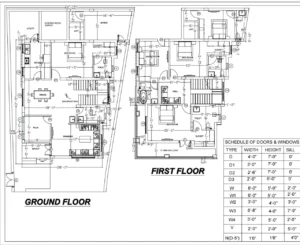 Ground and first floor plan of a duplex home in Ranchi with drawing room, puja room, dining, kitchen, bedrooms and lift