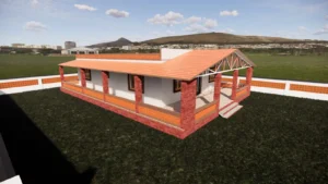 3D design of a farmhouse with terracotta-tiled roof, red brick pillars and veranda on a large lawn plot, Ranchi