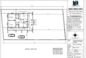 Ground floor plan of a farmhouse near Ranchi with two bedrooms, living hall, open kitchen, veranda and two car parking spaces