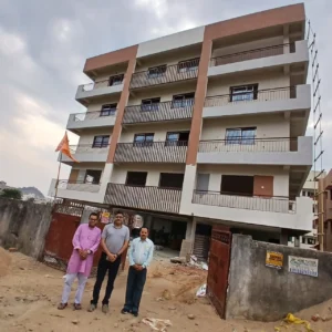 Finished facade of the head office building in Morabadi Ranchi with balconies, MS railings and brown pillars